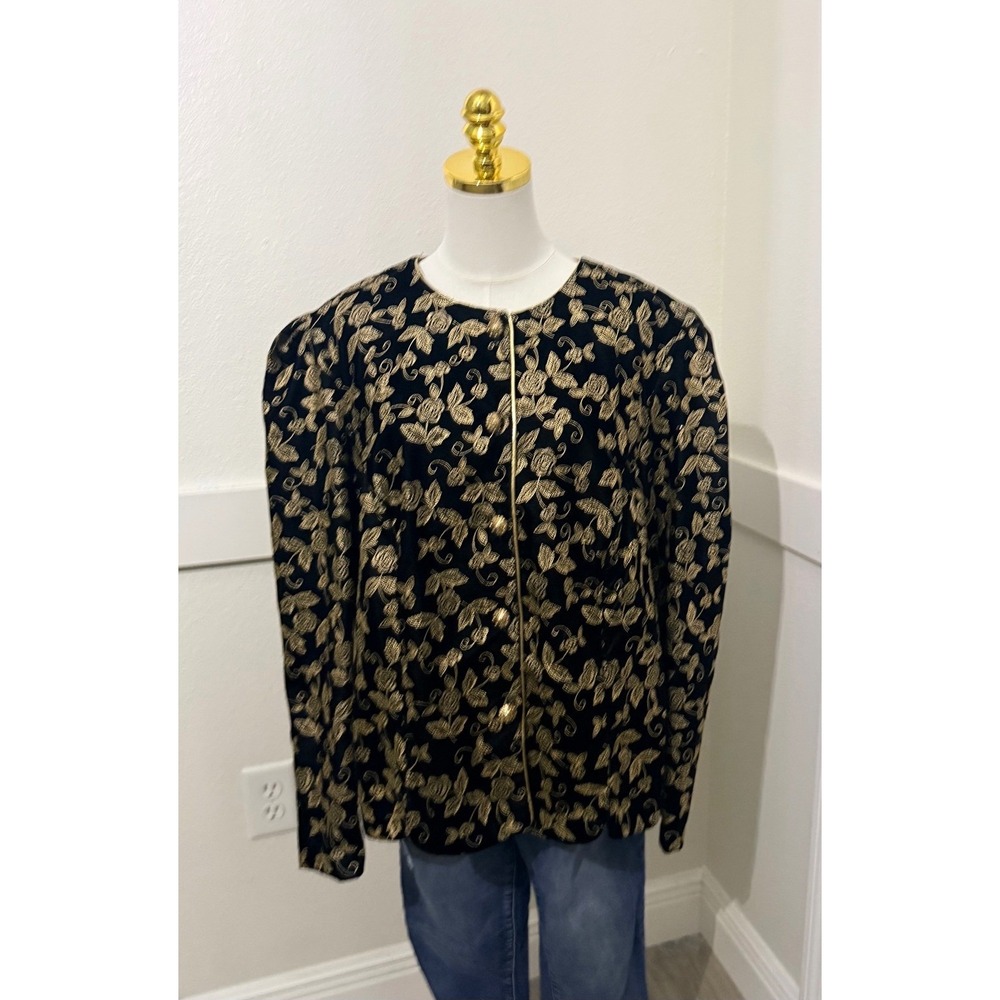 Another Thyme Jacket Women 2X Black Gold Excellent Floral Metallic Brocade Glam